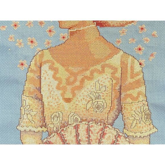 Completed Counted Cross Stitch Victorian Lady Hat Fan Aida Beautifully Stitched - Picture 4 of 14